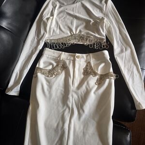 SHEIN White Pencil Skirt with Silver Details